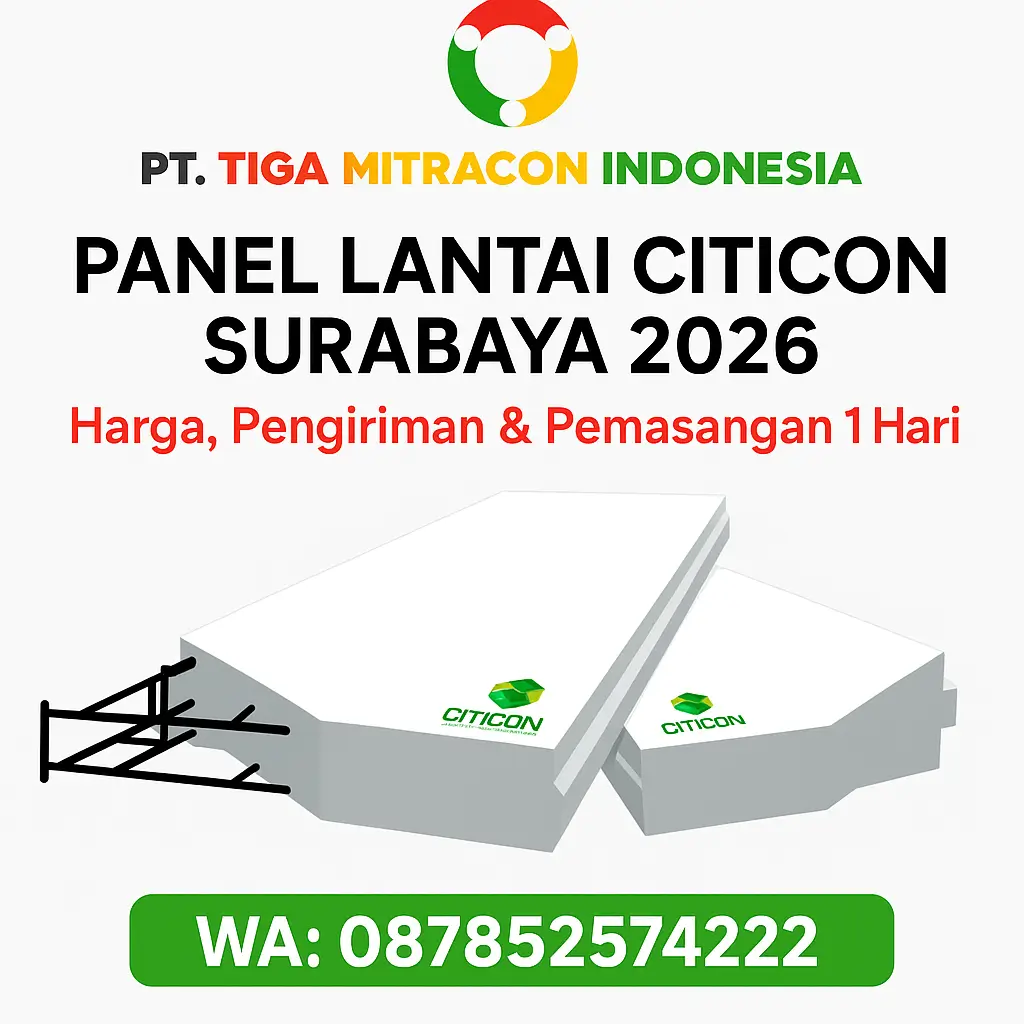 Poster promosi PT Tiga Mitracon Indonesia tentang Panel Lantai Citicon Surabaya 2026, menampilkan logo perusahaan, gambar panel lantai Citicon AAC dengan tulangan, serta informasi harga, pengiriman, pemasangan 1 hari, dan kontak WhatsApp 087852574222.